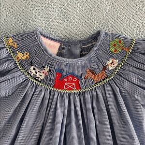 Petit Bebe Navy & White Gingham Dress, Farm Animals Smocking 6 M, Like New Nice!